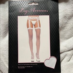 Leg Avenue White Sheer Lace Top Stockings with Garter